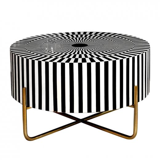 Black And White Stripe Bone Inlay Handmade Coffee Table With Metal Stand Center Table Furniture