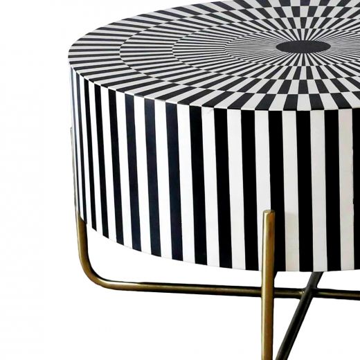 Black And White Stripe Bone Inlay Handmade Coffee Table With Metal Stand Center Table Furniture