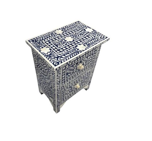 Bone Inlay Bedside Table 2 Draw - Navy Blue Floral