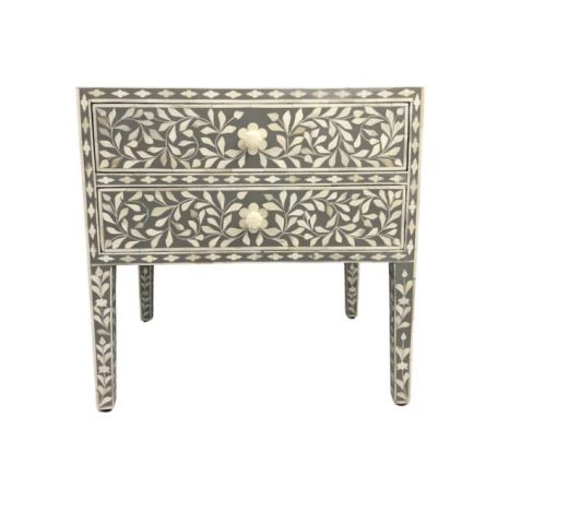 Bone Inlay 2 Draw Bedside Table (LARGE) - Grey Floral
