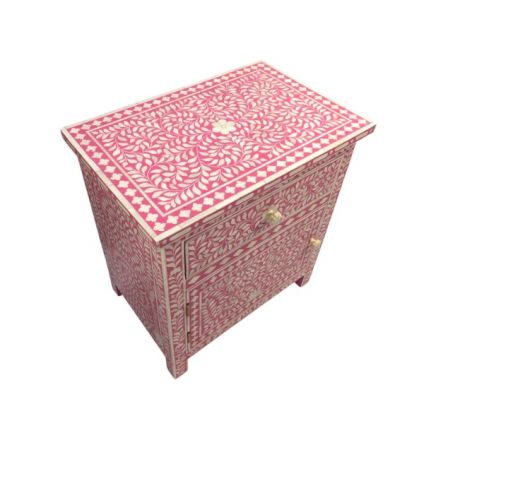 Bone Inlay Large Bedside Table - Deep Pink Floral